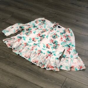 Kaari Blue Women's Floral Bridgerton Ruffle/Lace Trim Peplum Blouse L Boho gypsy